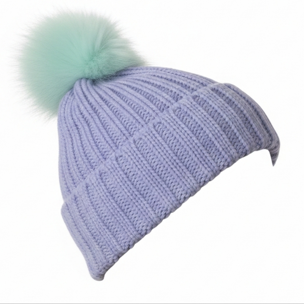 Mountain Warehouse Purple Knit Beanie Mint Faux Fur Pom-Pom Winter Hat